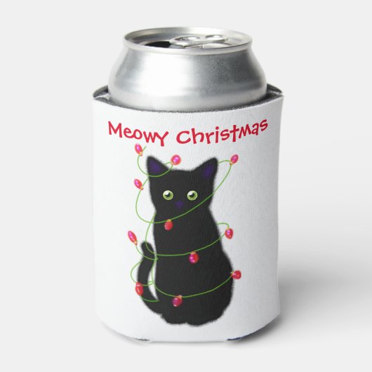 Zwart Cat | Meowy Kerstmis | Kronkellichten Blikjeskoeler (Blikje Voorkant)