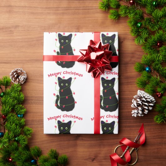 Zwart Cat | Meowy Kerstmis | Kronkellichten Cadeaupapier (Feestdagen Geschenken)