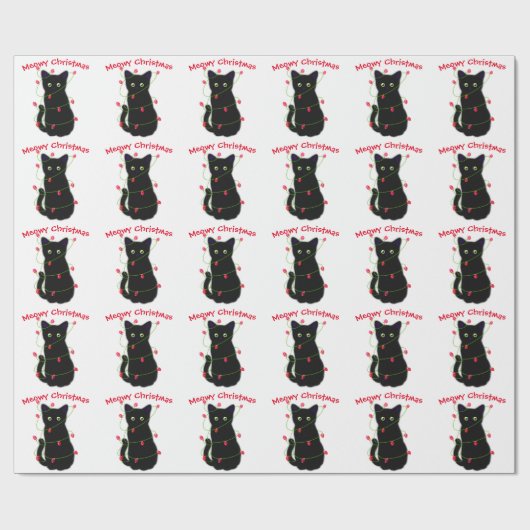 Zwart Cat | Meowy Kerstmis | Kronkellichten Cadeaupapier (Vlak)