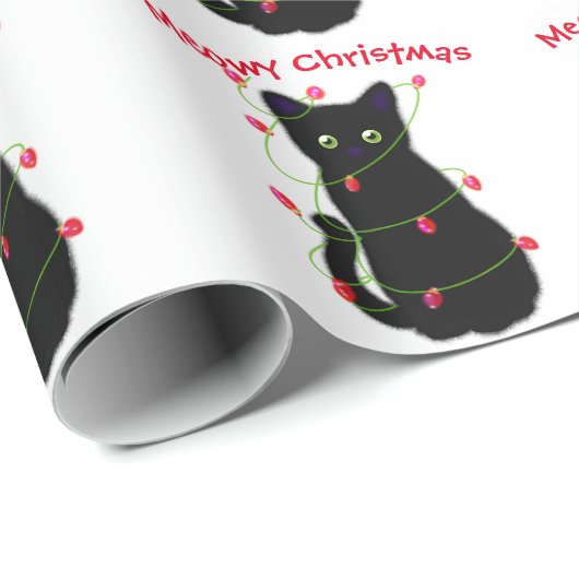 Zwart Cat | Meowy Kerstmis | Kronkellichten Cadeaupapier (Rol Hoek)