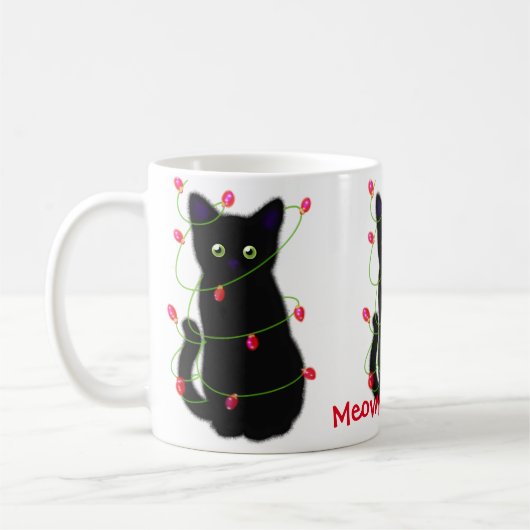 Zwart Cat | Meowy Kerstmis | Kronkellichten Koffiemok (Links)