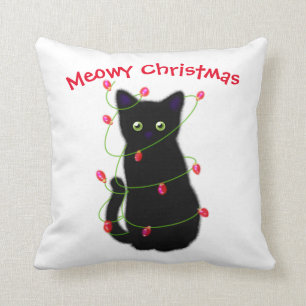 Zwart Cat Meowy Kerstmis Kronkellichten Kussen
