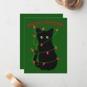 Zwart Cat | Meowy Kerstmis | Kronkellichten N Notitiekaartje (Voorkant / Achterkant in situ)