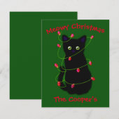 Zwart Cat | Meowy Kerstmis | Kronkellichten N Notitiekaartje (Voorkant / Achterkant)
