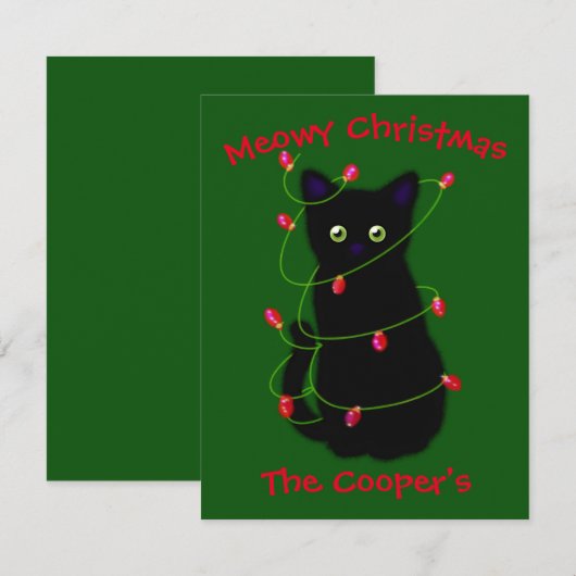 Zwart Cat | Meowy Kerstmis | Kronkellichten N Notitiekaartje (Voorkant / Achterkant)