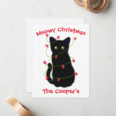 Zwart Cat | Meowy Kerstmis | Kronkellichten Notitiekaartje (Voorkant / Achterkant in situ)