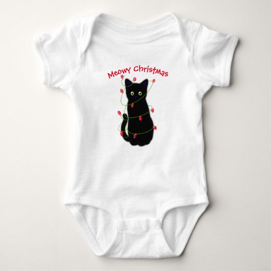 Zwart Cat | Meowy Kerstmis | Kronkellichten Romper (Voorkant)