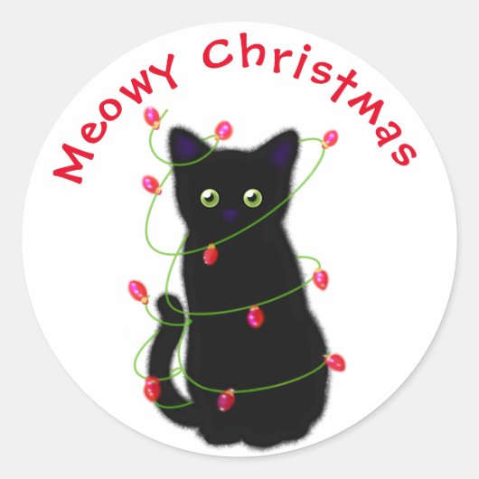 Zwart Cat | Meowy Kerstmis | Kronkellichten Ronde Sticker (Voorkant)