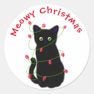 Zwart Cat   Meowy Kerstmis   Kronkellichten Ronde Sticker