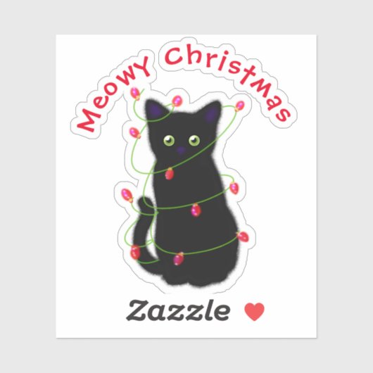 Zwart Cat | Meowy Kerstmis | Kronkellichten Sticker (Vel)
