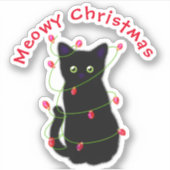 Zwart Cat | Meowy Kerstmis | Kronkellichten Sticker (Voorkant)