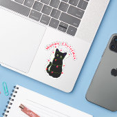 Zwart Cat | Meowy Kerstmis | Kronkellichten Sticker (Laptop met iPhone)