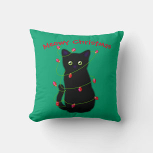 Zwart Cat   Meowy Kerstmis   Kronkellichten Thr Kussen