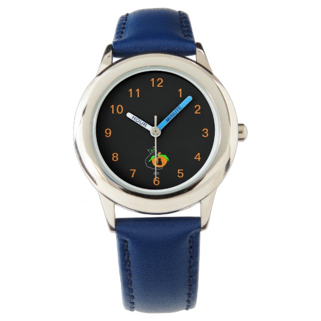 Zwart Cat pompoen Kind blauw lederen bandhorloge Horloge (Voorkant)