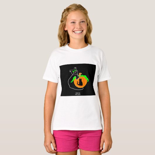 Zwart Cat Pompoen Meisje Wit Basic T Shirt (Voorkant volledig)