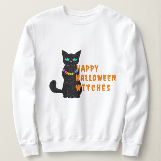 Zwart Cat Print Dames Sweatshirt, Halloween Party Trui (Design voorkant)