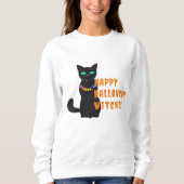 Zwart Cat Print Dames Sweatshirt, Halloween Party Trui (Voorkant)