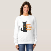 Zwart Cat Print Dames Sweatshirt, Halloween Party Trui (Voorkant volledig)