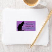 Zwart Cat Silhouet op Paarse Strepen Etiket (Insitu)