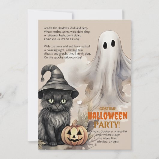 Zwart Cat | Spooky Ghost Halloween Gedicht Uitnodi Aankondiging (Voorkant)