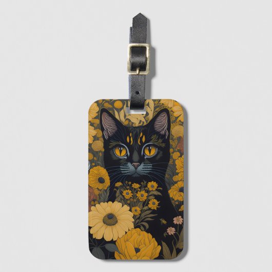 Zwart Cat Yellow Eyes Flowers Bagagelabel (Voorkant (verticaal))