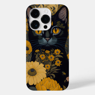 Zwart Cat Yellow Eyes  Flowers Case-Mate iPhone 14 Pro Hoesje