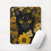 Zwart Cat Yellow Eyes Flowers Muismat (Met muis)