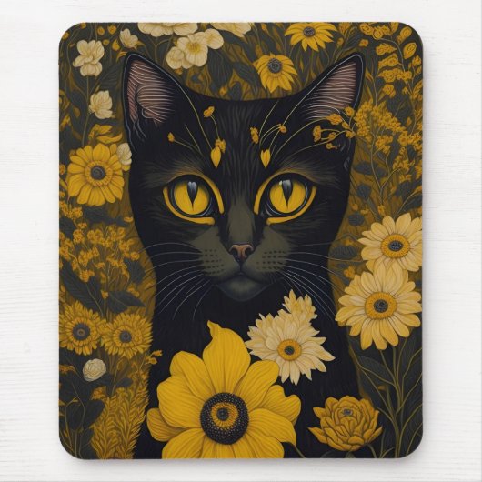 Zwart Cat Yellow Eyes Flowers Muismat (Voorkant)
