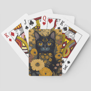Zwart Cat Yellow Eyes  Flowers Pokerkaarten