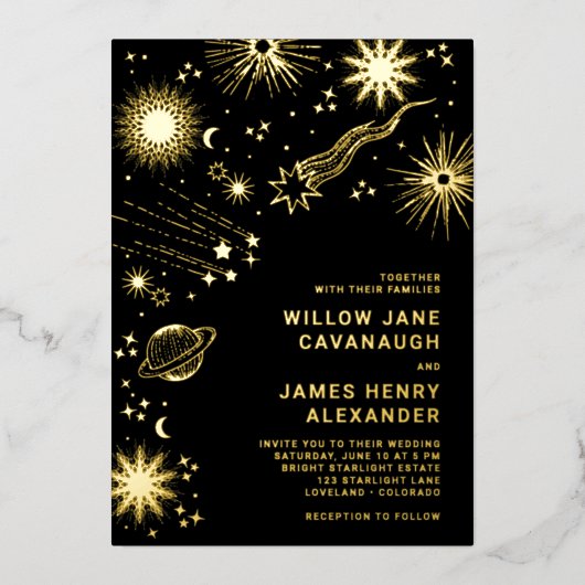 Zwart Celestial Bruiloft Folie Uitnodiging (Voorkant)