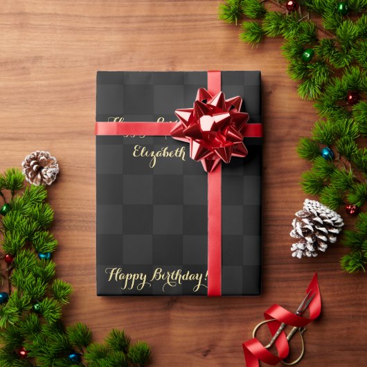 Zwart Check Patroon Modern Custom Faux Gold Script Cadeaupapier (Feestdagen Geschenken)