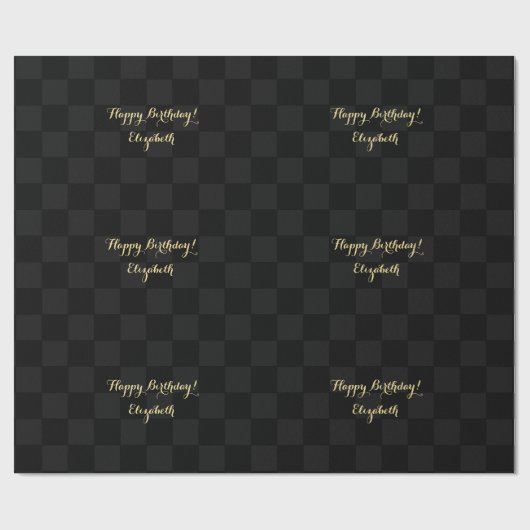 Zwart Check Patroon Modern Custom Faux Gold Script Cadeaupapier (Vlak)