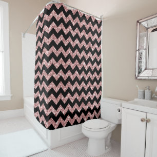 Zwart Chevron Patroon & Zalm Roze Glitter Print Douchegordijn