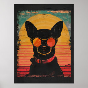 Zwart Chihuahua Silhouette Retro Sunrise Poster
