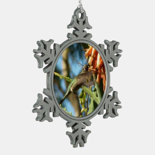 Zwart-Chinese Hummingbird in vlucht Tin Sneeuwvlok Ornament (Links)