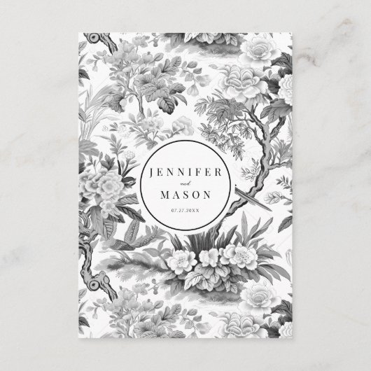 Zwart chinoiserie porselein bruiloft menu kaarten (Achterkant)