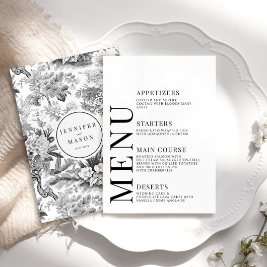 Zwart chinoiserie porselein bruiloft menu kaarten