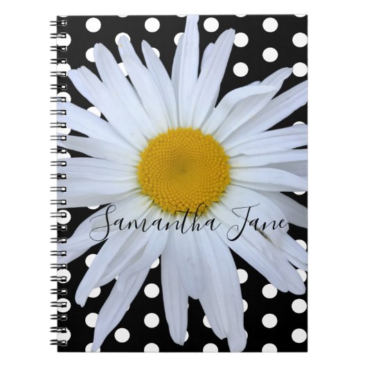 Zwart Chique Wit Polka Dots Daisy Custom Notitieboek (Voorkant)