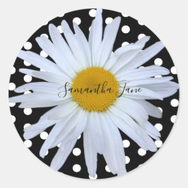 Zwart Chique Wit Polka Dots Daisy Custom Ronde Sticker