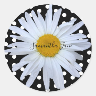 Zwart Chique Wit Polka Dots Daisy Custom Ronde Sticker