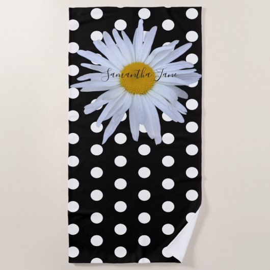Zwart Chique Wit Polka Dots Daisy Custom Strandlaken (Voorkant)