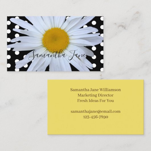 Zwart Chique Wit Polka Dots Daisy Custom Visitekaartje (Voorkant / Achterkant)