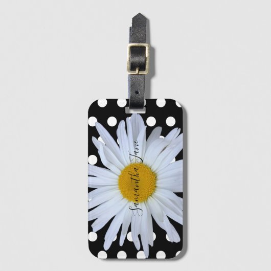 Zwart Chique Wit Polka Dots Fun Daisy Custom Bagagelabel (Voorkant (verticaal))