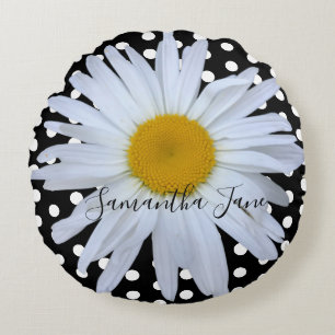 Zwart Chique Wit Polka Dots Fun Daisy Custom Rond Kussen
