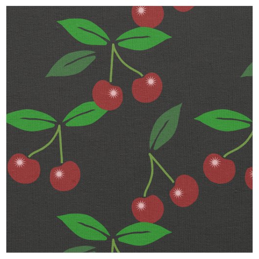 Zwart Classic Cherry Fruit en Leaf Stof (Close Up)