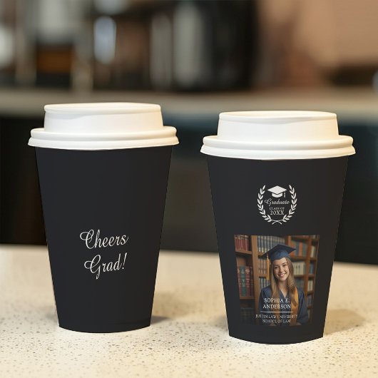 Zwart Classy Laurel Wreath Embleem Afstuderen Foto Papieren Bekers