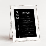 Zwart Clean Line Bruiloft Diner Menu<br><div class="desc">Elegante bruiloft diner menu lijst met eenvoudige strakke lijn met het initiaal van het paar aan de zijkant. De achtergrond is zwart.</div>