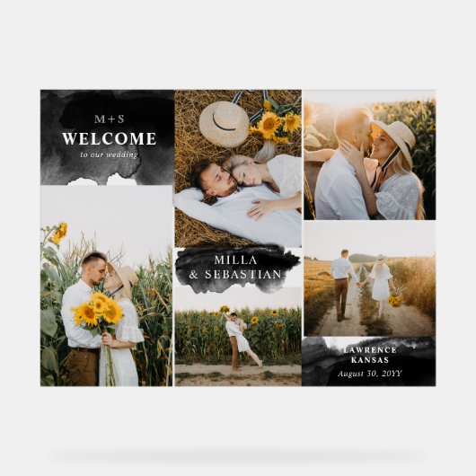 Zwart Clean Modern Initialen & 5 foto's Welkom Acryl Bord (Voorkant)