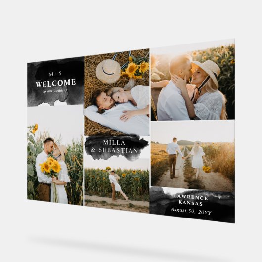 Zwart Clean Modern Initialen & 5 foto's Welkom Acryl Bord (Hoek)