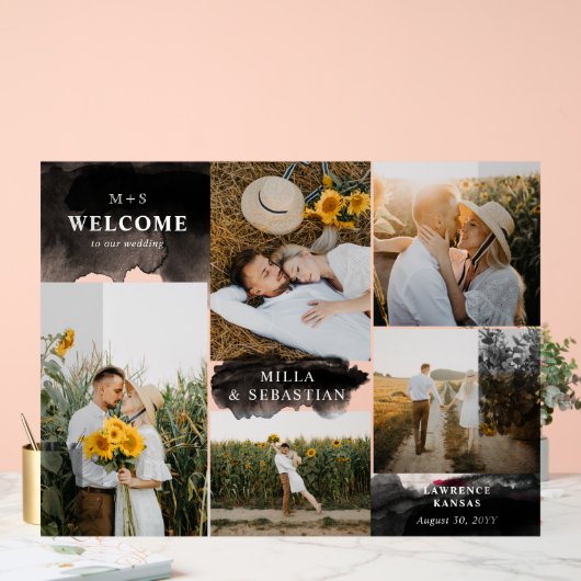 Zwart Clean Modern Initialen & 5 foto's Welkom Acryl Bord (Huwelijk)